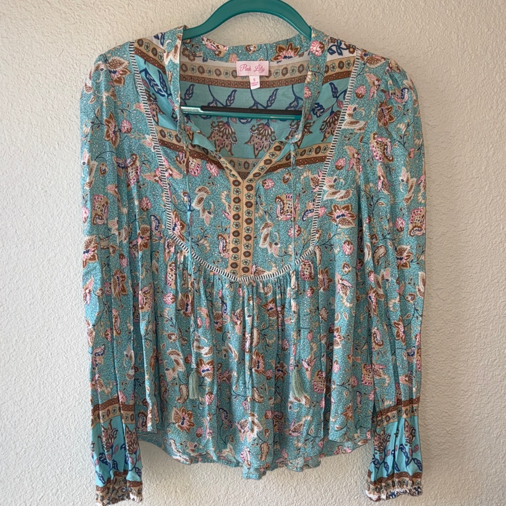 Pink Lily Teal Paisley Blouse